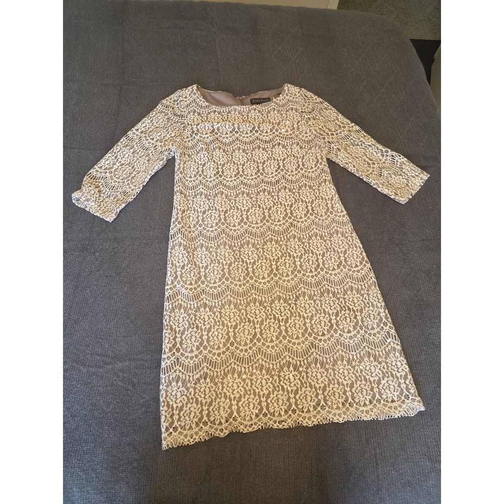 Jessica Howard Lace Sequin Sheath Dress‎ 6 Beige Tan Crochet Cocktail Party
